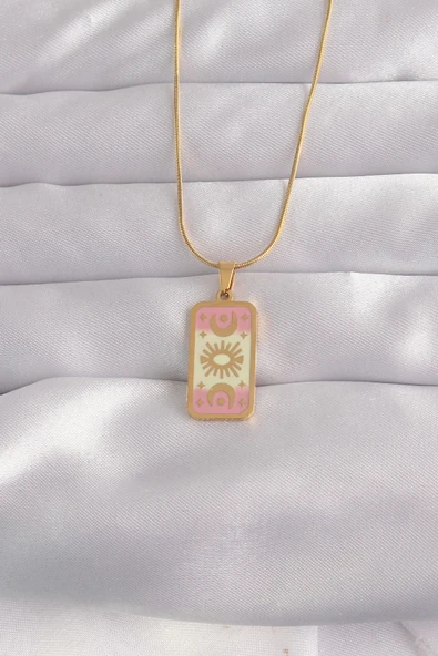 316L Çelik Gold Renk Karışık Mineli Ay Figür Tarot Kolye ürün görseli 1