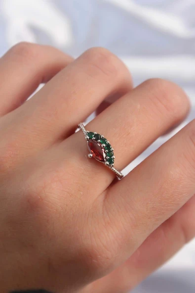 Pirinç Gümüş Renk Renkli Zirkon Taşlı Ayarlanabilir Karpuz Model Yüzük - 2