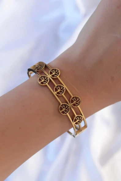 316L Çelik Altın Renk Minimal Yaşam Ağacı Tasarımlı Kelepçe - 2