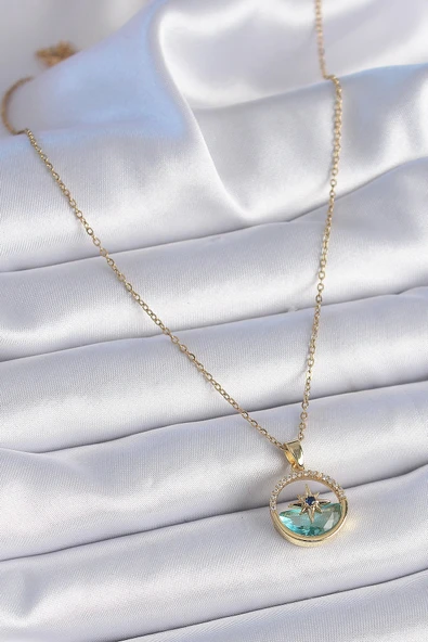 316L Çelik Zincir Gold Renk Zirkon Taşlı Deniz Görünüm Kutup Yıldız Model Kadın Kolye - 2