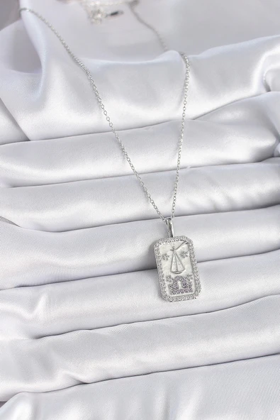 316L Çelik Gümüş Renk Terazi Burcu Zirkon Taşlı Kadın Kolye - Resim 2