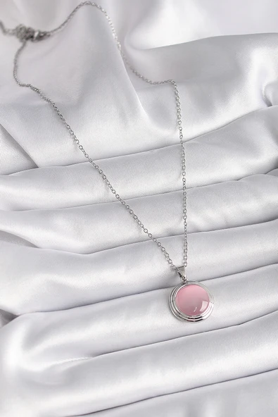 316L Çelik Gümüş Renk Daire Pembe Sedefli Model Kadın Kolye - 2