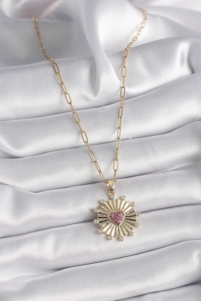316L Çelik Gold Renk Pembe Zirkon Taşlı Kalp İşleme Madalyon Model Kadın Kolye - 2