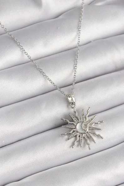 316L Çelik Gümüş Renk Zincir Zirkon Taşlı Güneş Model Sedefli Ay İşleme Detay Kadın Kolye ürün görseli 1