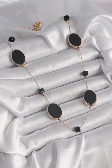 Pirinç Gold Renk Siyah Renk Oval Siyah Küp Detay Kadın Kolye - 2