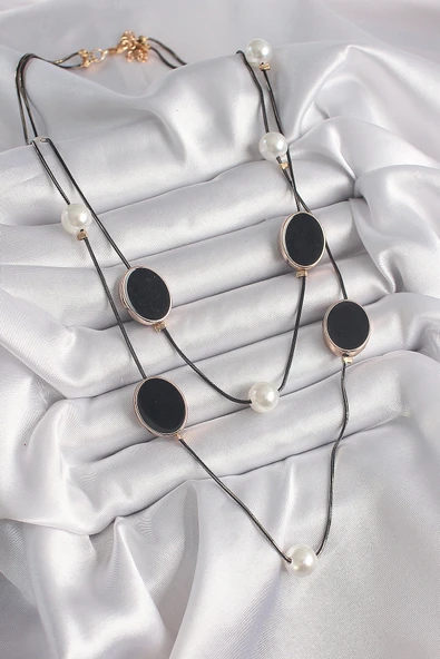 Pirinç Siyah Renk Zincir İnci Detaylı Çoklu Kadın Kolye - 2