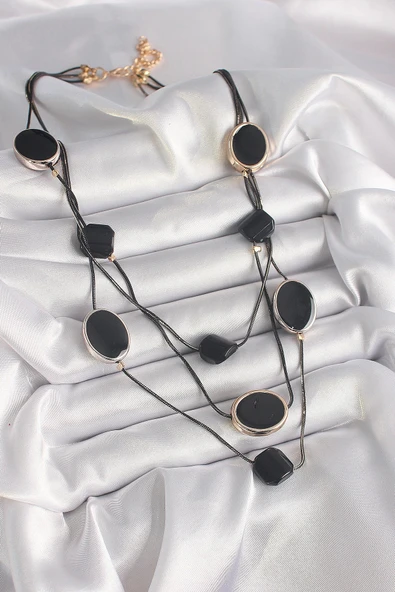 Pirinç Siyah Renk Zincir Kristal Taşlı Kadın Kolye - 2