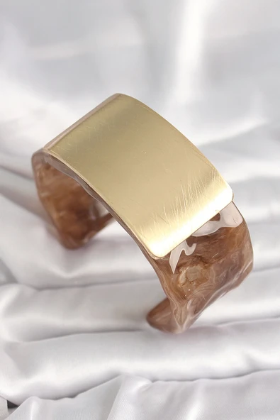 Kahverengi Mermer Desen Akrilik Platik Gold Dikdörtgen Plaka Model Vintage Kadın Bilezik - 1