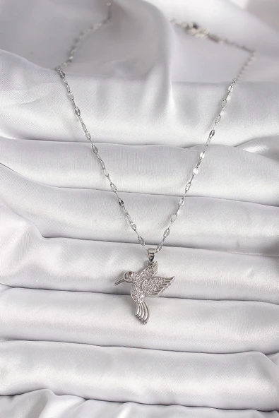 316L Gümüş Renk Zirkon Taşlı Sinek Kuşu Model Kadın Kolye - 2