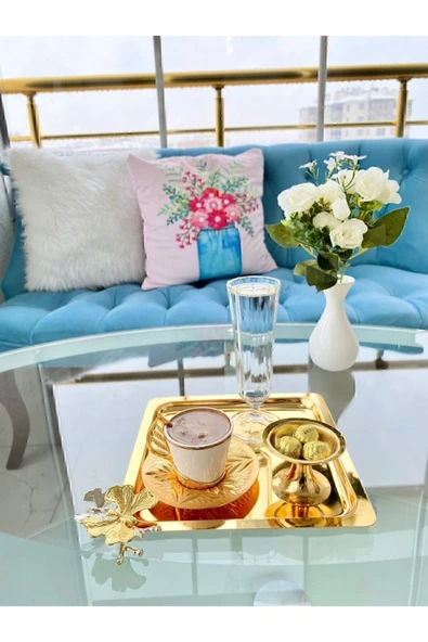 6'lı Lüx Kare Gold Kelebekli Titanyum Kaplama Servis ,çay ,kahve ,ikramlık Sunum Tepsisi - 4