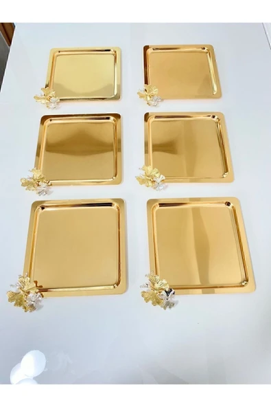 6'lı Lüx Kare Gold Kelebekli Titanyum Kaplama Servis ,çay ,kahve ,ikramlık Sunum Tepsisi