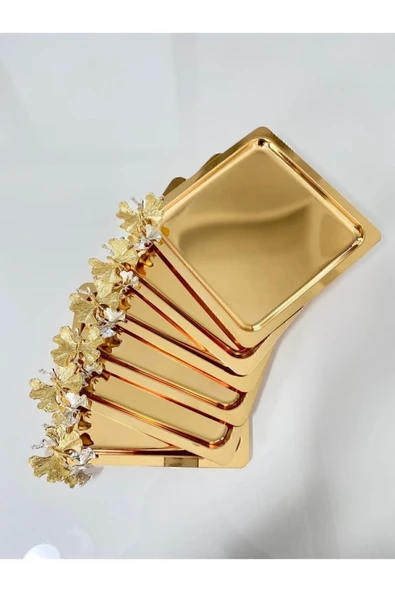 6'lı Lüx Kare Gold Kelebekli Titanyum Kaplama Servis ,çay ,kahve ,ikramlık Sunum Tepsisi - 2