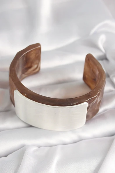 Kahverengi Mermer Desen Akrilik Plastik Gümüş Dikdörtgen Plaka Vintage Kadın Bilezik - 2