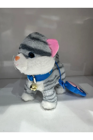 Kedi Tasmalı Kumandalı Yürüyen Sevimli Kedi Peluş Kedi Tasmalı Kedi Gri