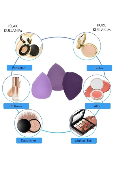 3'lü Standlı Makyaj Süngeri Seti Mor - Resim 2