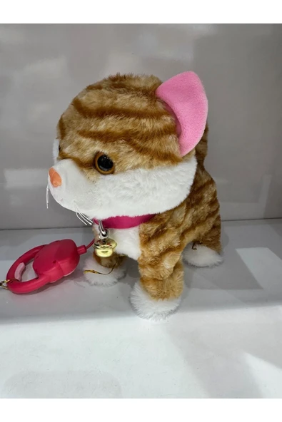Kedi Tasmalı Kumandalı Yürüyen Sevimli Kedi Peluş Kedi Tasmalı Kedi Sarı