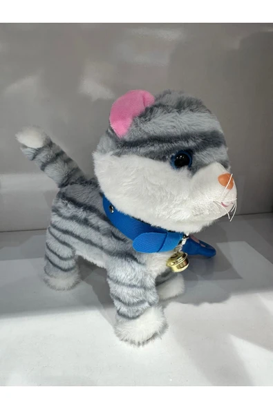 Kedi Tasmalı Kumandalı Yürüyen Sevimli Kedi Peluş Kedi Tasmalı Kedi Gri - 3