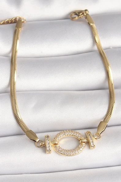 316L Çelik Gold Renk italyan Zincir Model Zirkon Taşlı Halka Figür Kadın Bileklik