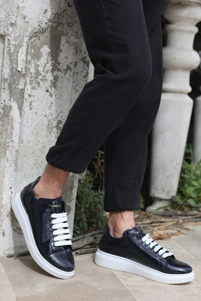 Valendo Lacivert Rugan Garantili Erkek Günlük Casual Bağcıklı Tabanlı Sneaker Spor Ayakkabı VALENDO