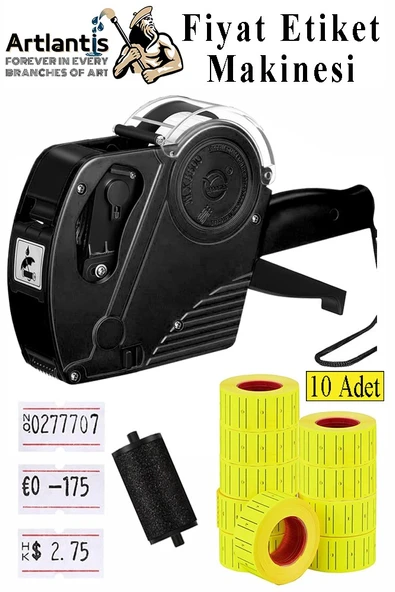 Etiket Makinesi Siyah 1 Adet Sarı Fiyat Etiketi 10 Rulo Sekiz Haneli Fiyat Etiketi Makinası Lira Dolar Euro Dayanıklı