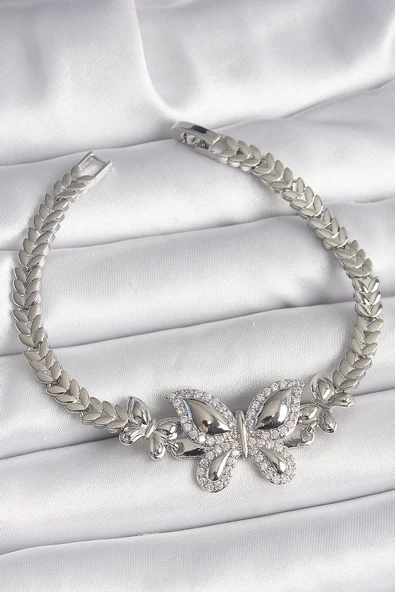 Pirinç Gümüş Renk Zirkon Taşlı Kelebek Model Kadın Bileklik ürün görseli