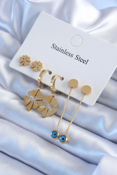 316L Çelik Gold Renk Zirkon Taşlı Yonca Model Kadın Küpe Seti