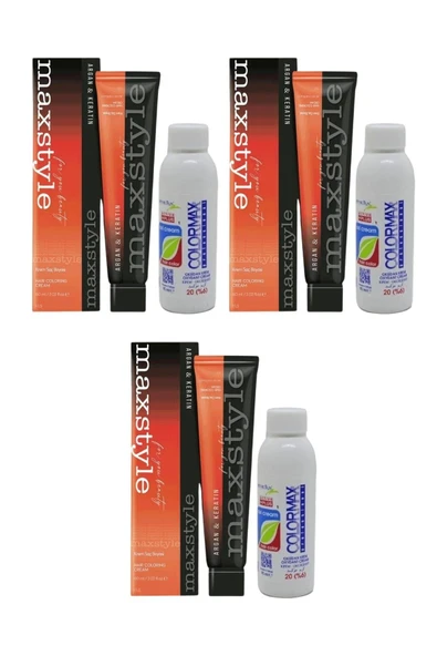 Maxstyle SPS781 Argan ve Keratin 2025/07.34 Karamel 60 Ml 3 Adet Saç Boyası + 3 Adet 90 Ml Oksidan Set