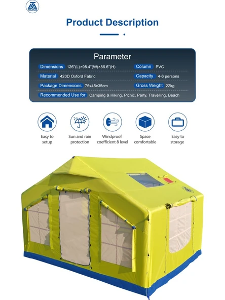 Tourus 5 Mevsim Renkli Şişme Kamp Çadırı 320x250x220 Cm 4-6 Kişilik Şişme Çadır - Resim 2