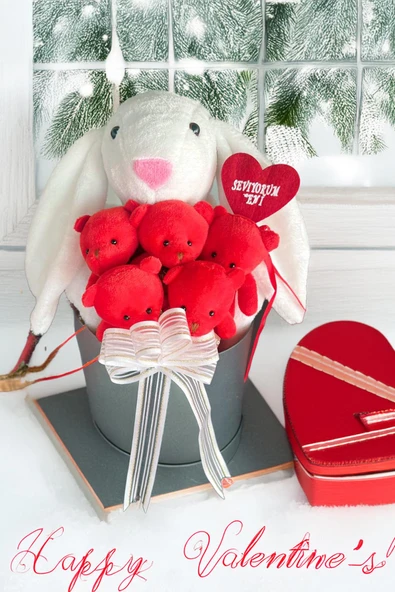 SOLE Premium Özel Hediye Kutusunda 45 cm Beyaz Bunny Tavşan ve 5 Adet Kırmızı Peluş Ayıcık Buketi - Resim 6