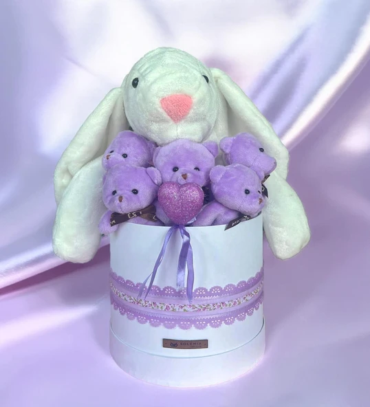 SOLE Premium Özel Hediye Kutusunda 45 cm Beyaz Bunny Tavşan ve 5 Adet Kırmızı Peluş Ayıcık Buketi - Resim 10