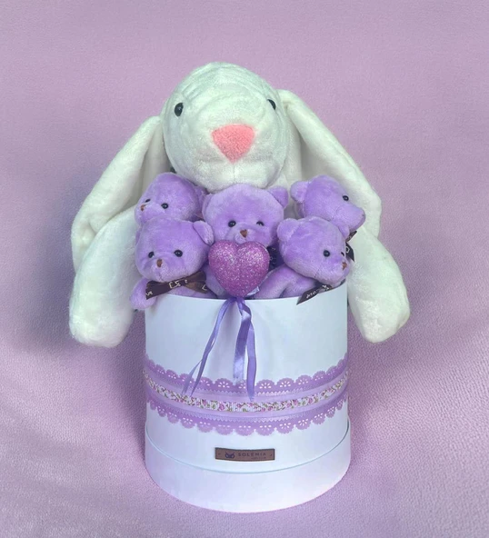 SOLE Premium Özel Hediye Kutusunda 45 cm Beyaz Bunny Tavşan ve 5 Adet Kırmızı Peluş Ayıcık Buketi - Resim 12