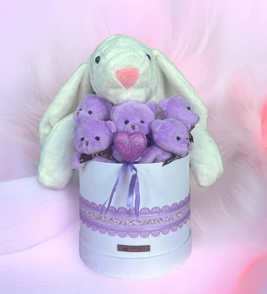 SOLE Premium Özel Hediye Kutusunda 45 cm Beyaz Bunny Tavşan ve 5 Adet Kırmızı Peluş Ayıcık Buketi - Resim 11