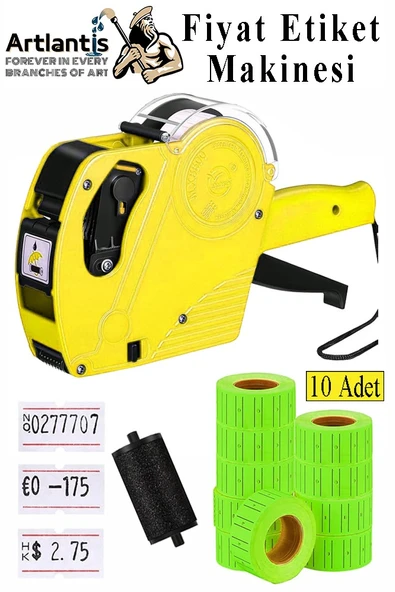 Etiket Makinesi Sarı 1 Adet Yeşil Fiyat Etiketi 10 Rulo Sekiz Haneli Fiyat Etiketi Makinası Lira Dolar Euro Dayanıklı