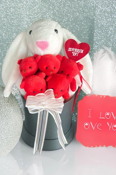 SOLE Premium Özel Hediye Kutusunda 45 cm Beyaz Bunny Tavşan ve 5 Adet Kırmızı Peluş Ayıcık Buketi - Resim 4