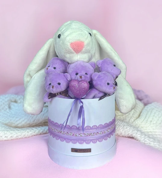 SOLE Premium Özel Hediye Kutusunda 45 cm Beyaz Bunny Tavşan ve 5 Adet Kırmızı Peluş Ayıcık Buketi - Resim 9