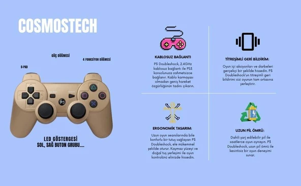 Cosmostech P3 Doubleshock PS3 Playstation 3 için Uyumlu Kablosuz Titreşimli Oyun Kolu Gamepad Joystick Controller Gold - Resim 4