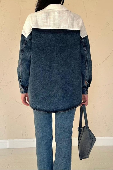 Lucky Life Kadın  Lucky Life Kadın Ekru Kot Garnili Ceket - Resim 4