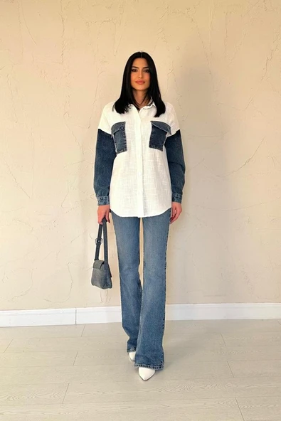 Lucky Life Kadın  Lucky Life Kadın Ekru Kot Garnili Ceket - Resim 2