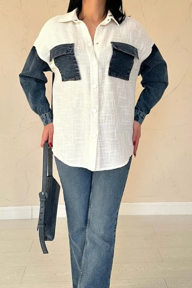 Lucky Life Kadın  Lucky Life Kadın Ekru Kot Garnili Ceket - Resim 3