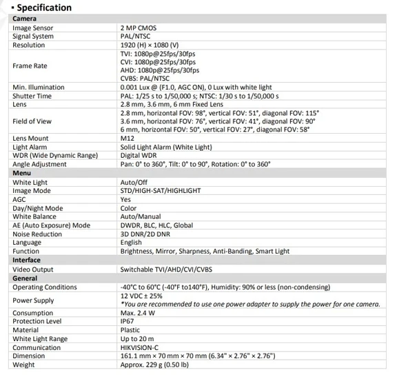 HIKVISION 3.6mm 2MP HD Gece Görüşlü Renkli Colorvu Bullet Kamera (İç ve Dış Mekana Uyumlu Dar Açı) IP67 1080P - 3