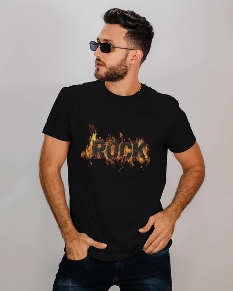 Alevli ROCK Baskılı Siyah Erkek Tişört  Asi ve Karizmatik Stil - 3
