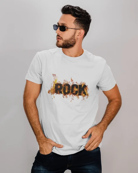 Alevli ROCK Baskılı Siyah Erkek Tişört  Asi ve Karizmatik Stil - 1