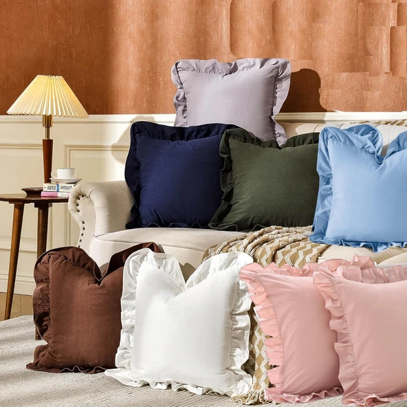 Fırfırlı Kırlent Kılıfı 2' li Kadifemsi, Leke tutmaz, boho veya çiftlik evi, etnik, retro ve şık stil 8 Renk