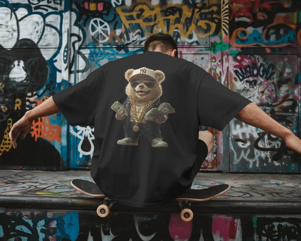 Gangster Ayı Oversized Siyah Erkek Tişört   Sokak Modasının En Cool Hali