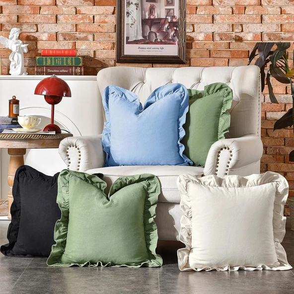 Fırfırlı Kırlent Kılıfı 2' li Kadifemsi, Leke tutmaz, boho veya çiftlik evi, etnik, retro ve şık stil 8 Renk - 5