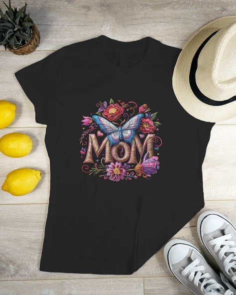 Mom Baskılı Çiçek ve Kelebek Tasarımlı Siyah Kadın Tişört   Anneler İçin Özel Tasarım