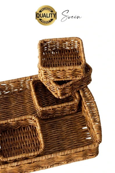 Benzersiz El Yapımı Hasır Dokuma Saklama Sepeti 4 Bölmeli Kozmetik Organizer Masaüstü Düzenleyici - 3