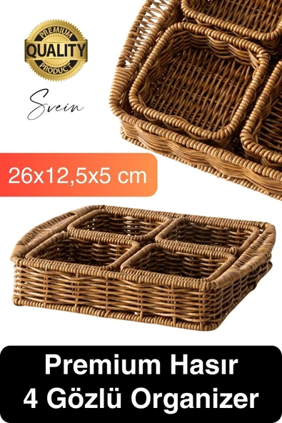 Benzersiz El Yapımı Hasır Dokuma Saklama Sepeti 4 Bölmeli Kozmetik Organizer Masaüstü Düzenleyici