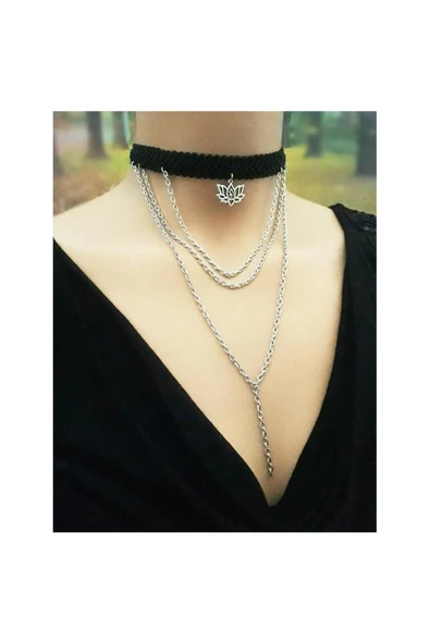 Lotus Çiçeği & Zincir & Özel Dokuma Kadın Choker Kolye