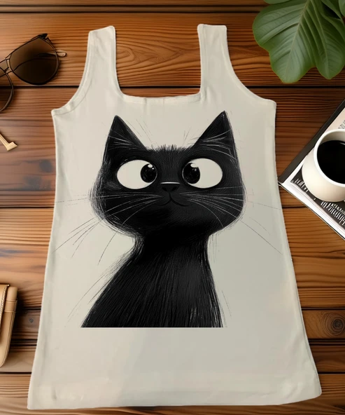 Sevimli Siyah Kedi Baskılı Kadın Atlet   Minimal ve Şık Tasarım